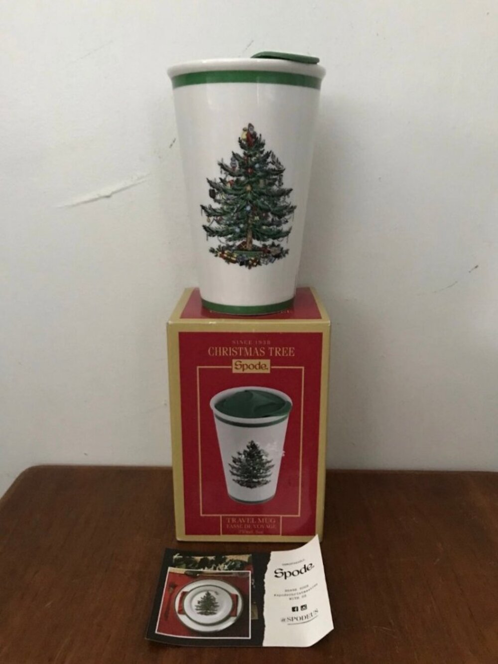NEW Spode Christmas Tree Coffee Tea Ceramic 8-oz Travel Mug Cup With Lid & Box